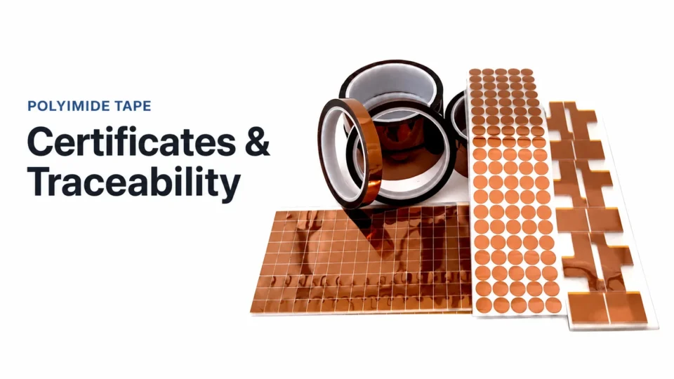 Amber polyimide tape rolls alongside circular, rectangular and shaped die-cut formats.