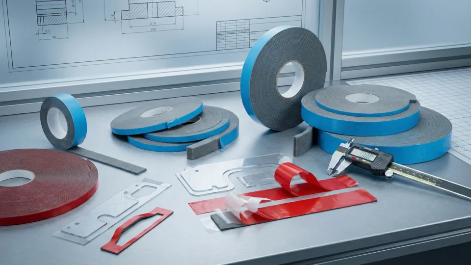 Cover image showing various industrial double sided tapes, foam tapes, and die-cuts on an engineering workbench, representing a comprehensive selection guide.
