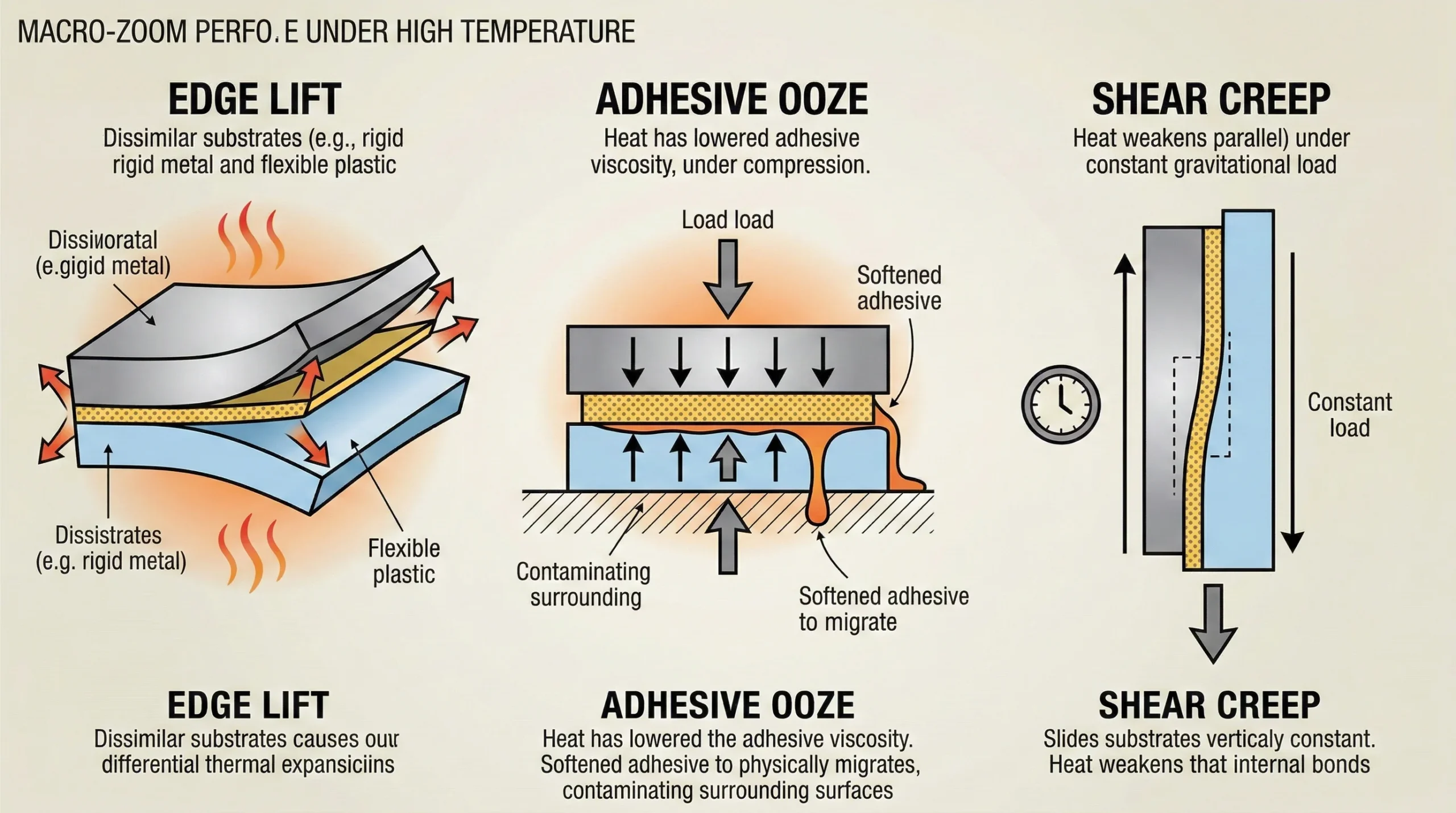 Diagram illustrating why tape fails at high temperature ooze edge lift and shear creep.