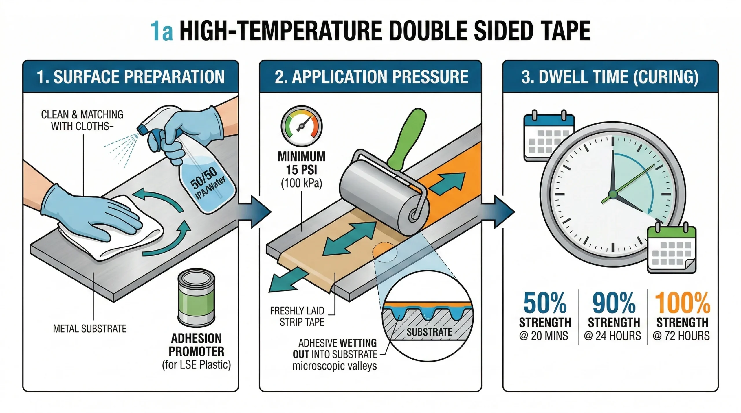 Application process for high temperature double sided tape surface prep and pressure.