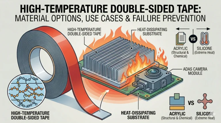 High temperature double sided tape featuring cross-section of acrylic foam adhesive layers, three temperature-resistant samples (180°C, 220°C, 260°C) on white background with technical diagram overlay
