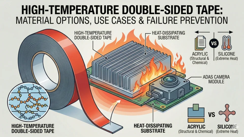 Featured cover image: High-temperature double-sided tape applied to an ADAS camera module on a heat-dissipating substrate with magnified cross-linked adhesive stability details and a comparison of acrylic vs. silicone. Technical engineering illustration style.