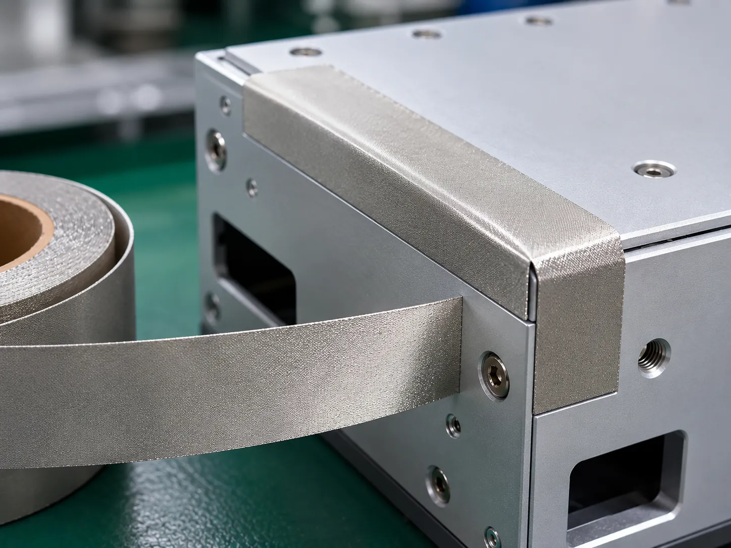Conductive fabric tape wrapped as an EMI gasket on an electronics enclosure