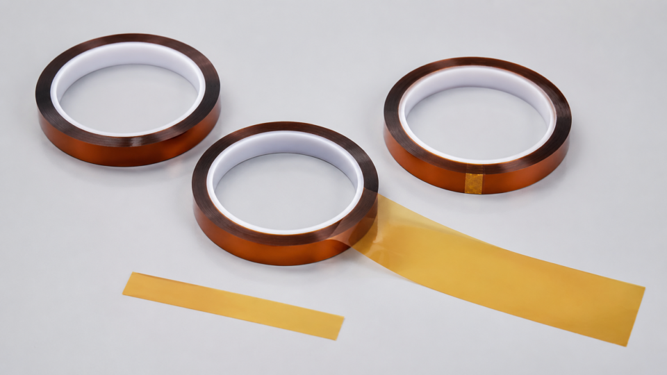 Three rolls of translucent amber polyimide tape laid flat on a light gray surface, with one roll partially unrolled to show the silicone adhesive backing. Industrial B2B product photography for cttape.com engineering reference guide.