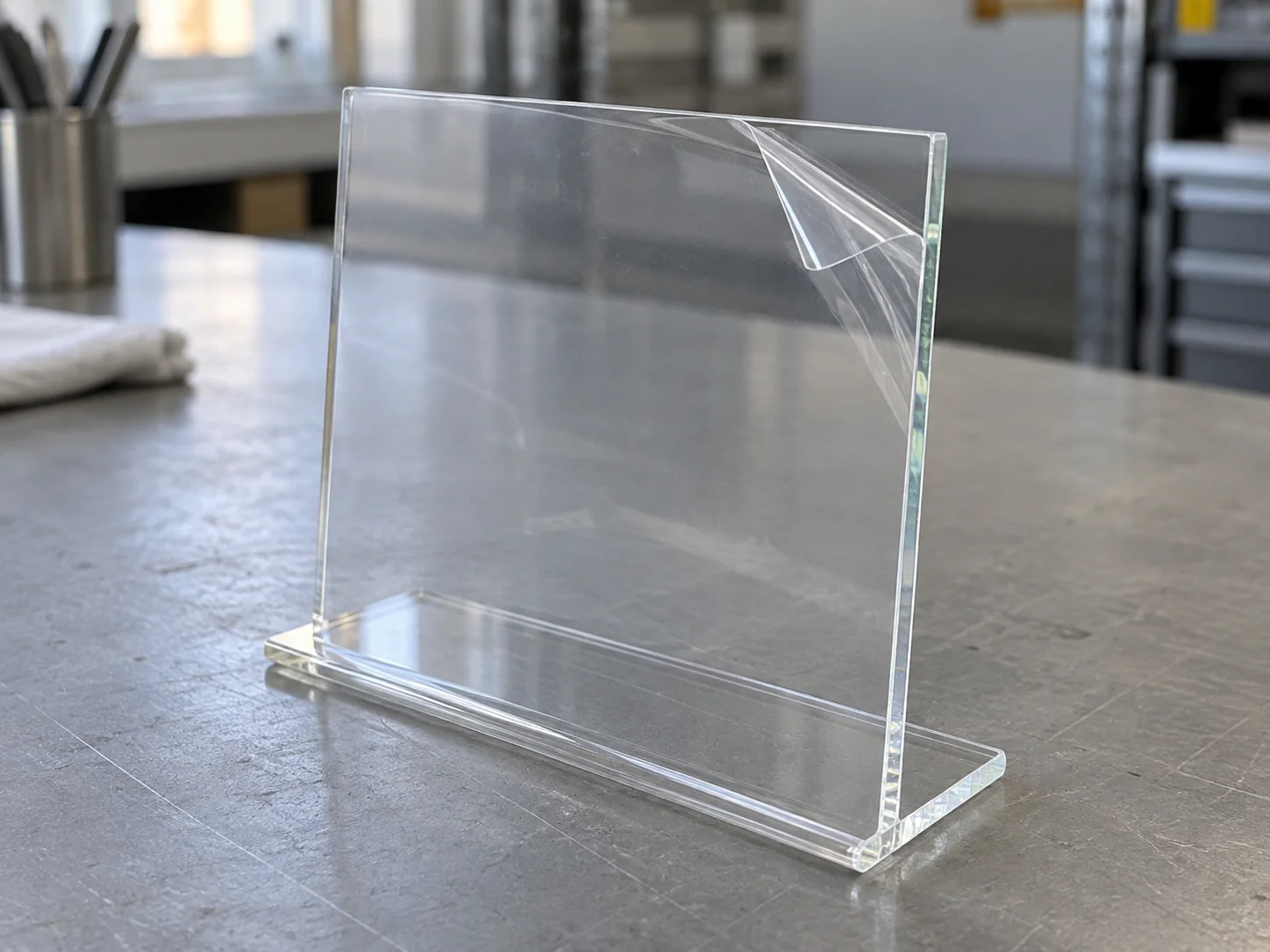 AI-generated application illustration: clear acrylic sign holder with protective film on its upright face