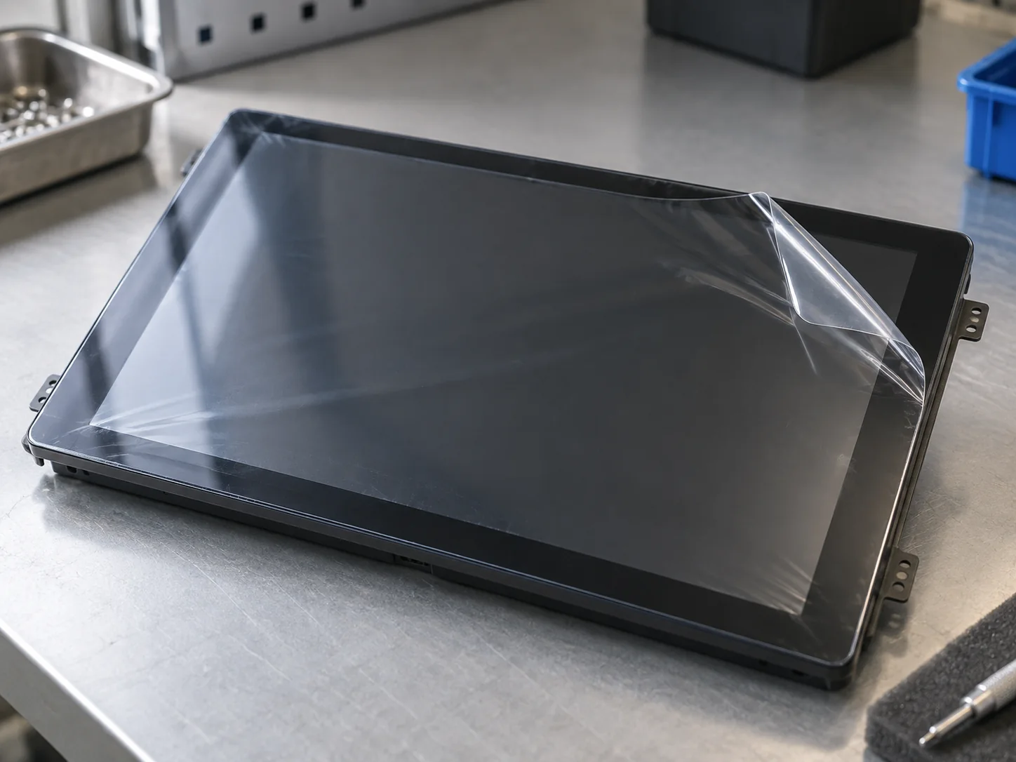 AI-generated application illustration: black display cover with clear temporary protective film