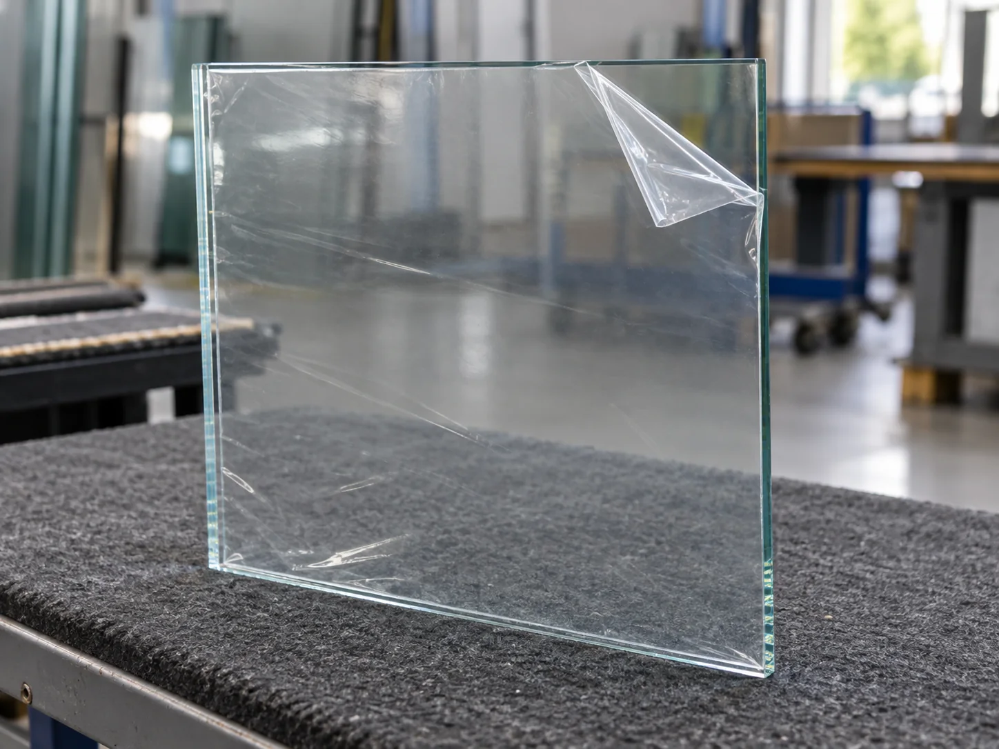 AI-generated application illustration: clear glass panel with a thin protective sheet lifted at one corner