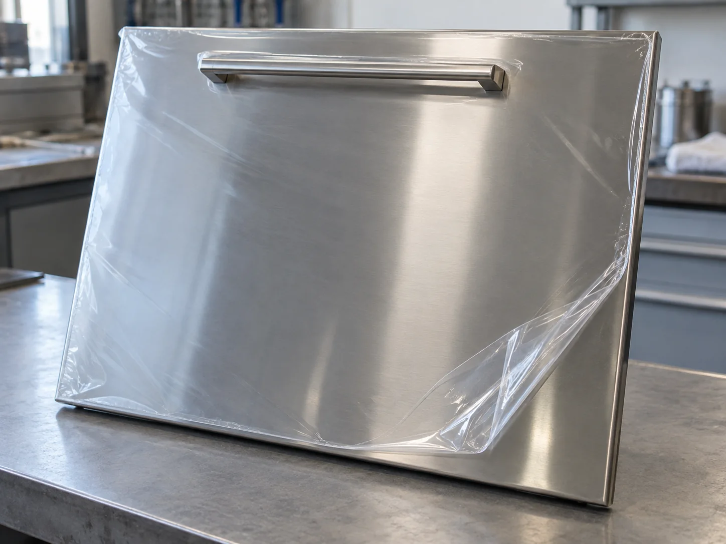 AI-generated application illustration: stainless steel panel with a clear protective sheet lifted at its lower corner