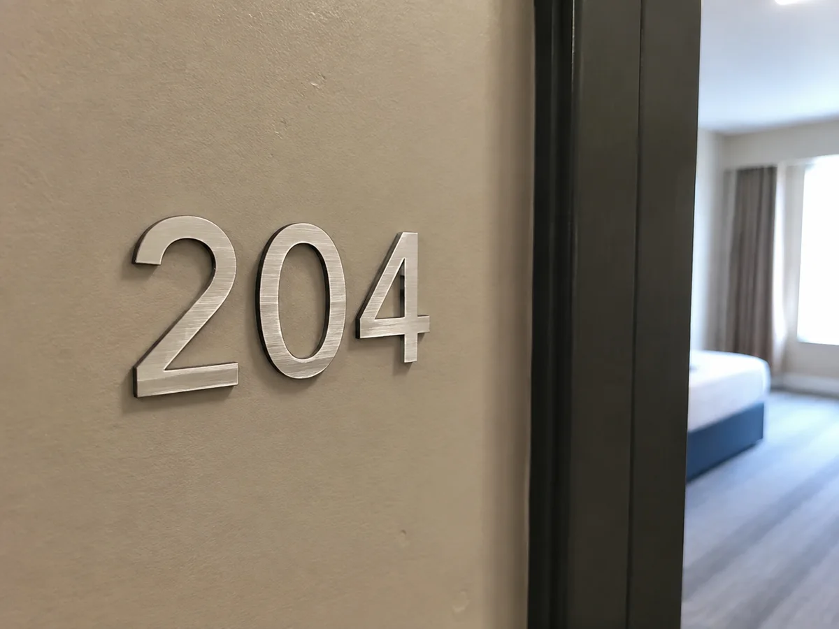 Illustrated application: Brushed metal room numbers mounted on an interior wall
