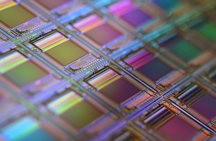 Photographed silicon wafer surface with individual chip patterns